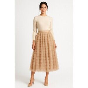 Beige Tan Layered Tulle Midi Skirt M Elegant Holiday Party Special Occasion